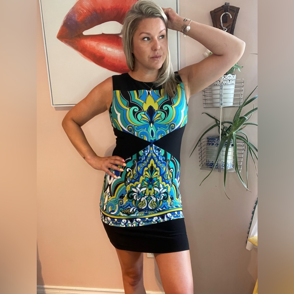 Vibrant Vintage 90s Multicolor Sleeveless Joseph Ribkoff Mini Dress, Size Medium - Picture 2 of 10